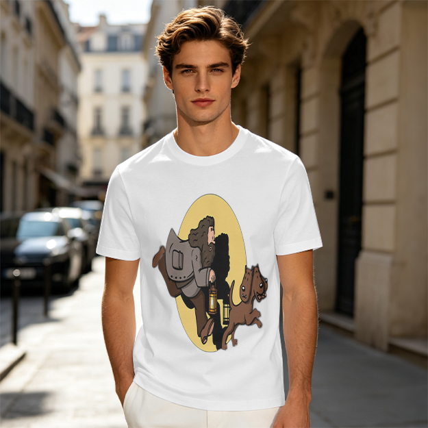 Olive T-Shirt With Cartoon Man And Dog Running Graphic