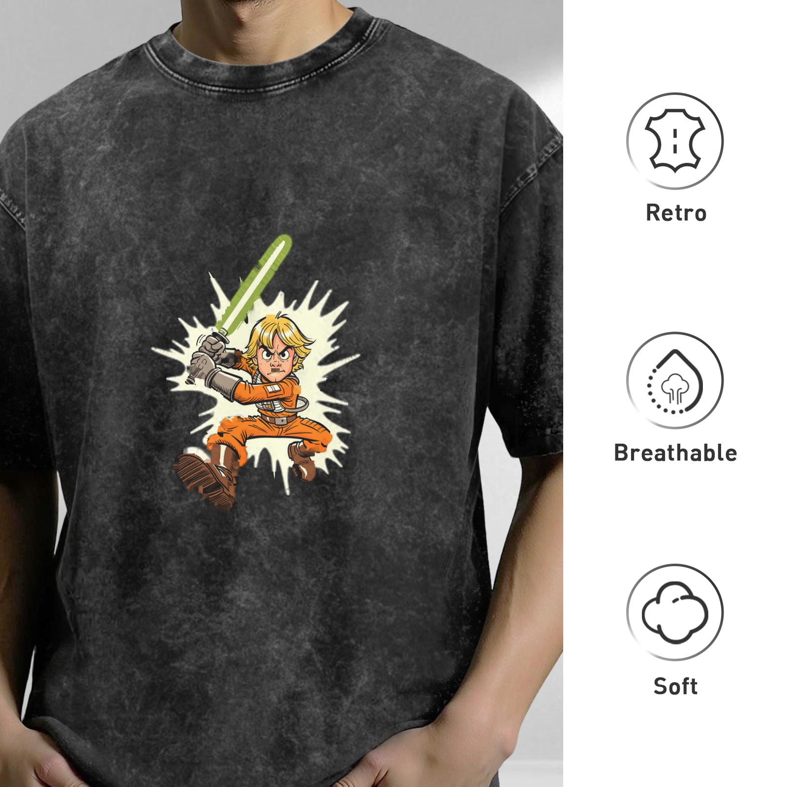 Washed Black T-Shirt With Cartoon Luke Skywalker Lightsaber Print