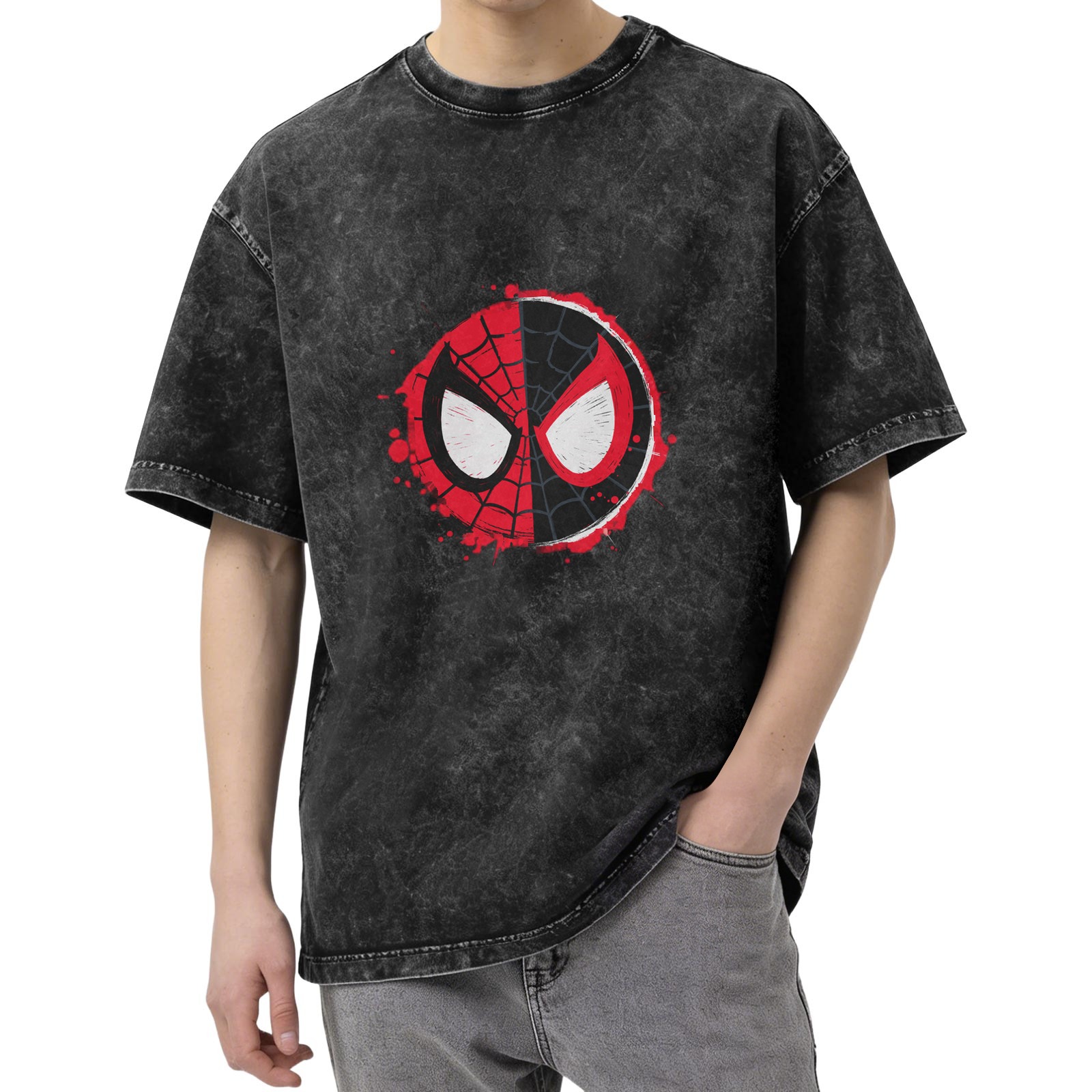 Oversized Spider-Man Split Mask Graphic Acid Wash T-Shirt