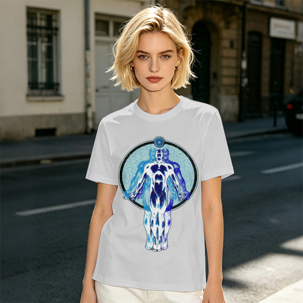 Olive T-Shirt with Glowing Blue Superhero Figure Graphic