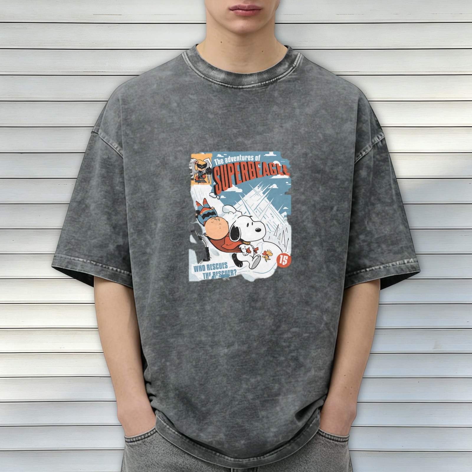 Snoopy Superbeagle Comic Print Oversized Acid Wash T-Shirt