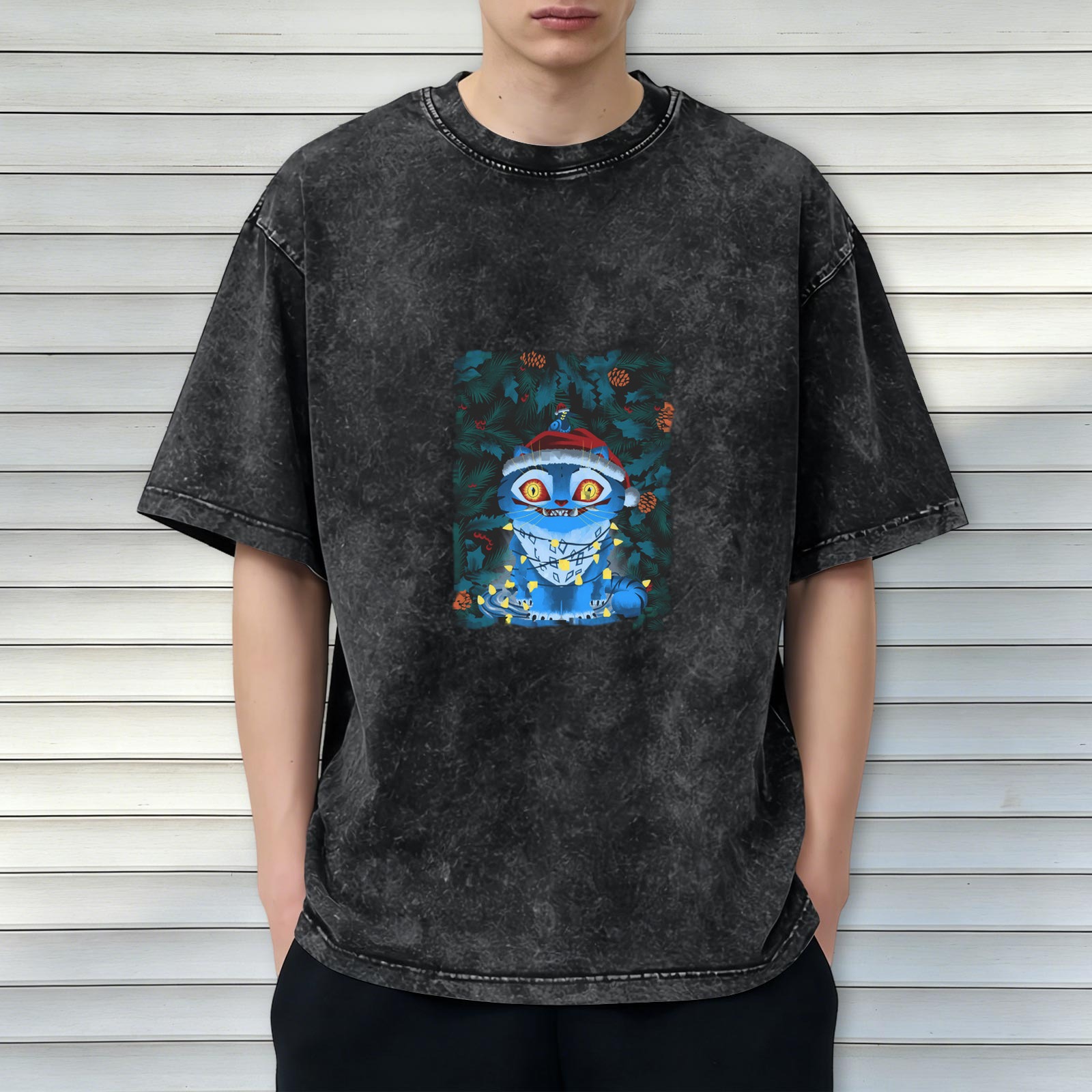 Distressed Black Christmas Blue Cat Print Short Sleeve T-Shirt