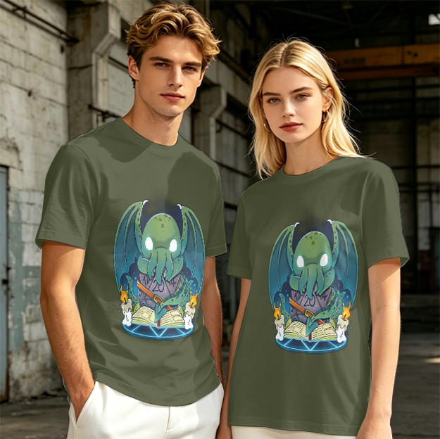 Olive T-shirt with Cute Cthulhu Reading Grimoire Print