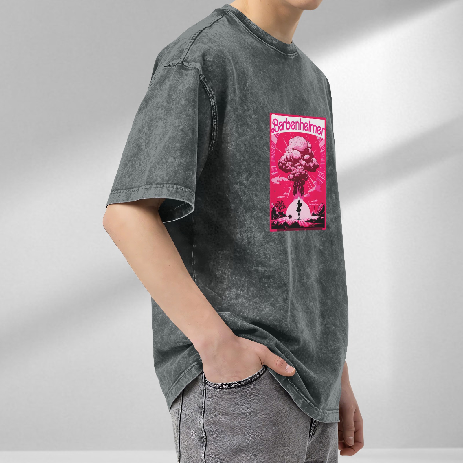 Barbenheimer Mushroom Cloud Graphic on Acid Wash Black T-Shirt
