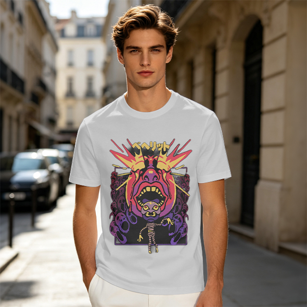 Olive t-shirt with surreal demon and ghost graphic print