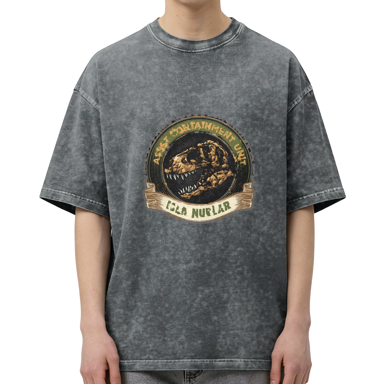Washed Black T-Shirt with Dinosaur Containment Unit Isla Nublar Graphic