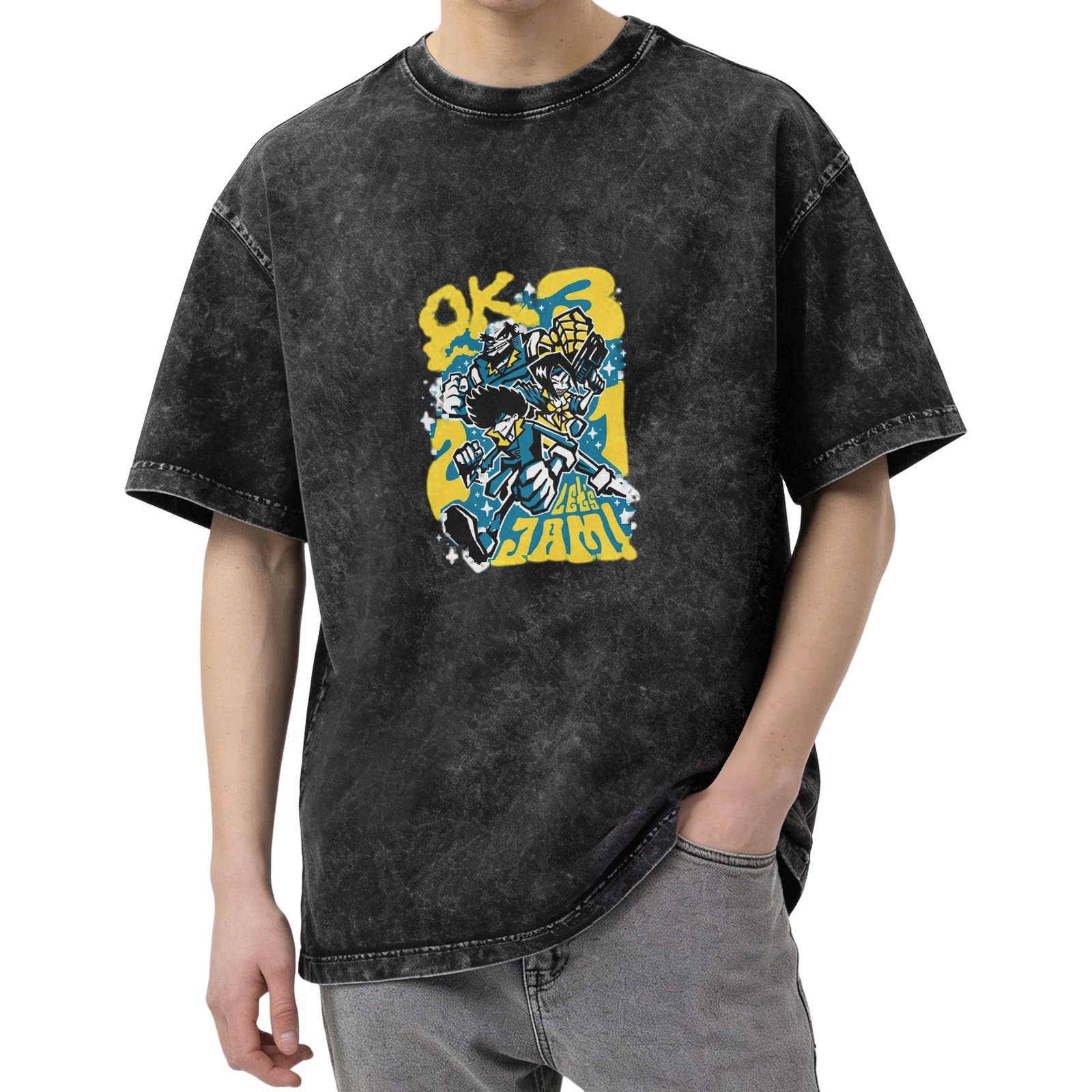 Distressed washed black loose short-sleeved T-shirt with cartoon animation style pattern and the words 