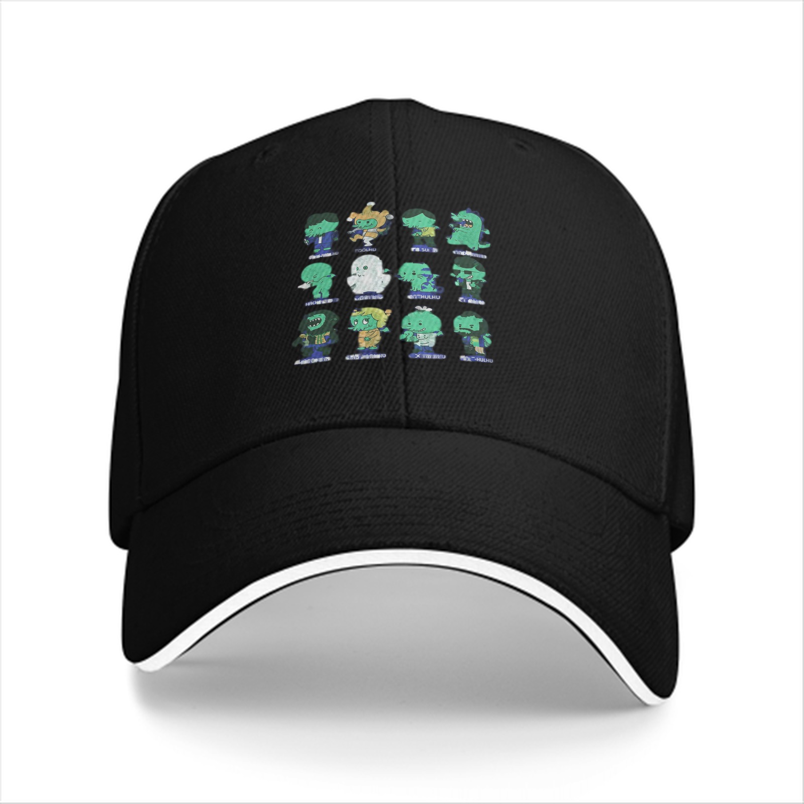 Black baseball cap with cute monster character grid print