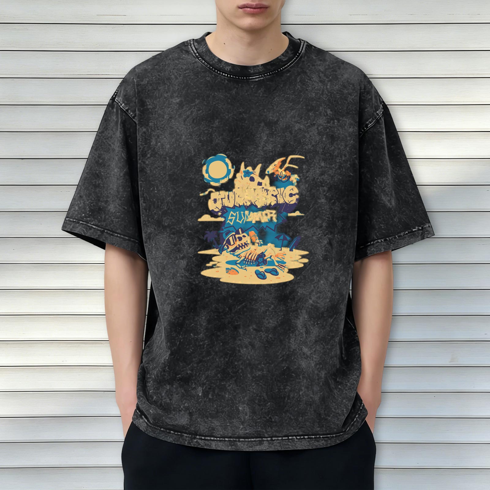 Washed black graphic t-shirt with Jurassic Summer beach dinosaur print