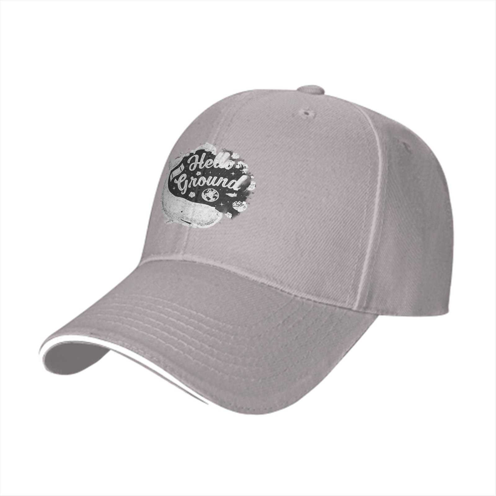 Black baseball cap with Hello Ground whale graphic print