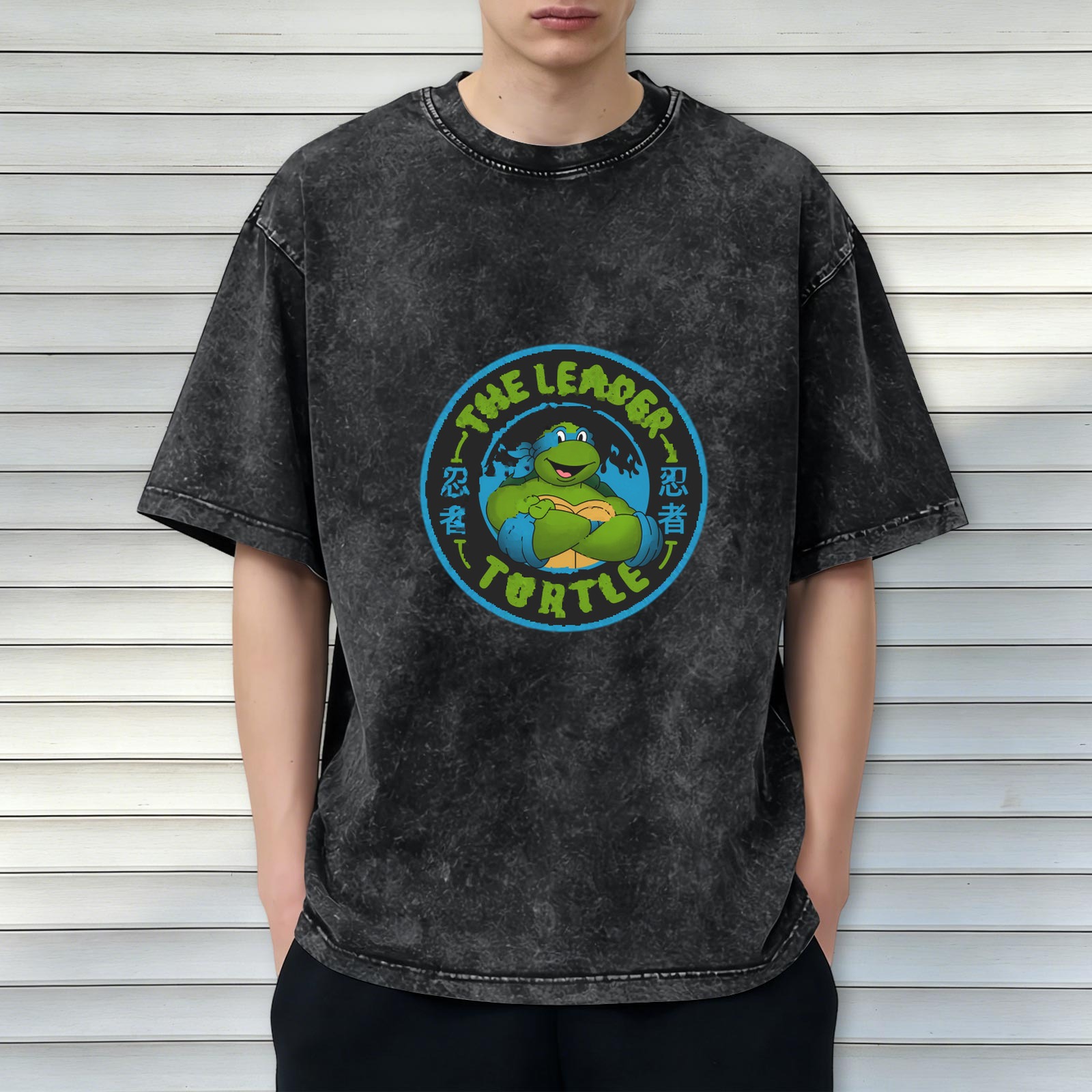 Washed black t-shirt with Teenage Mutant Ninja Turtles leader graphic