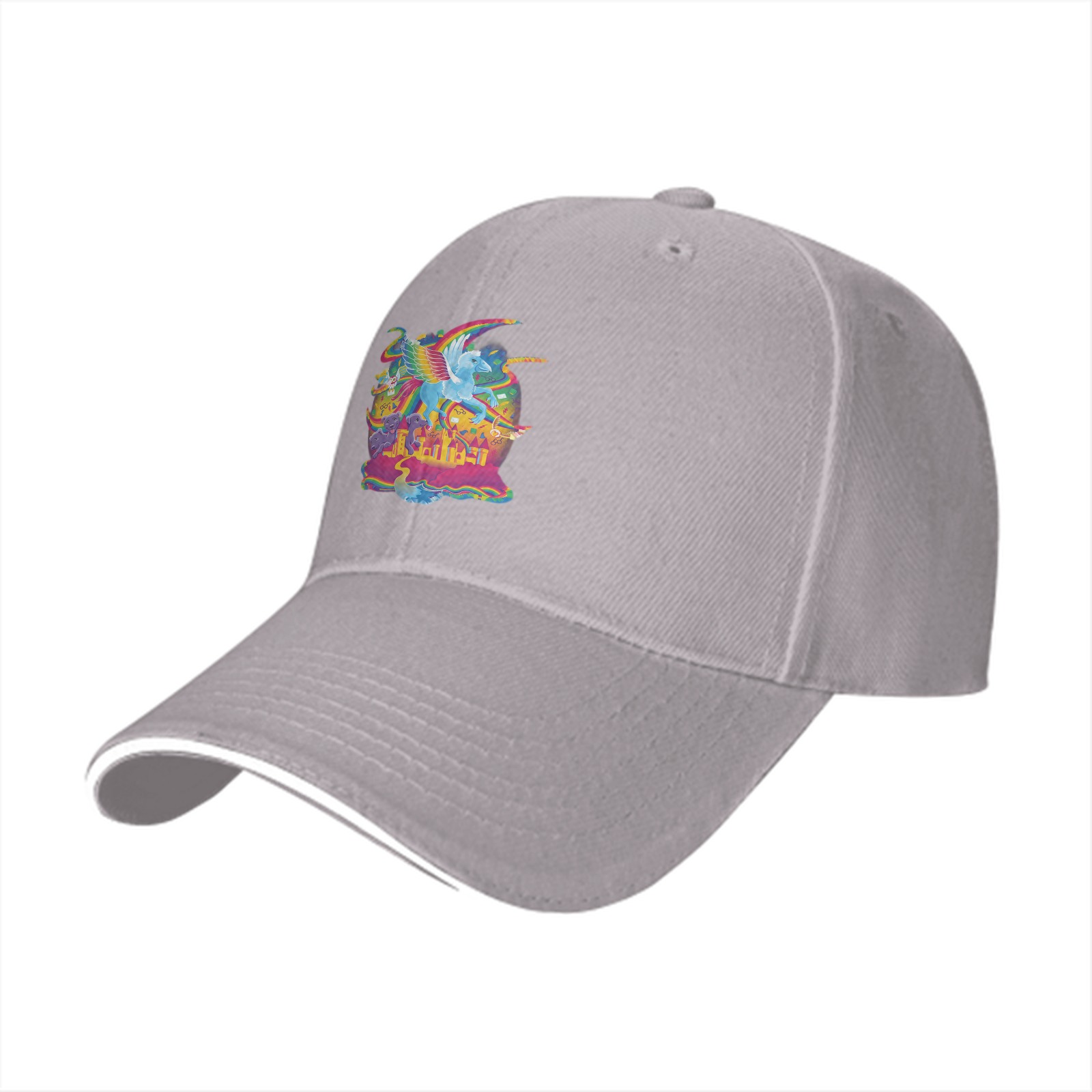 Black baseball cap with vibrant rainbow pegasus fantasy graphic