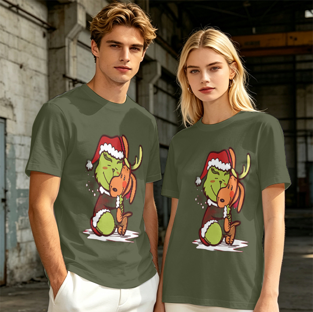 Olive Christmas T-Shirt Featuring Grinch Hugging Max The Reindeer