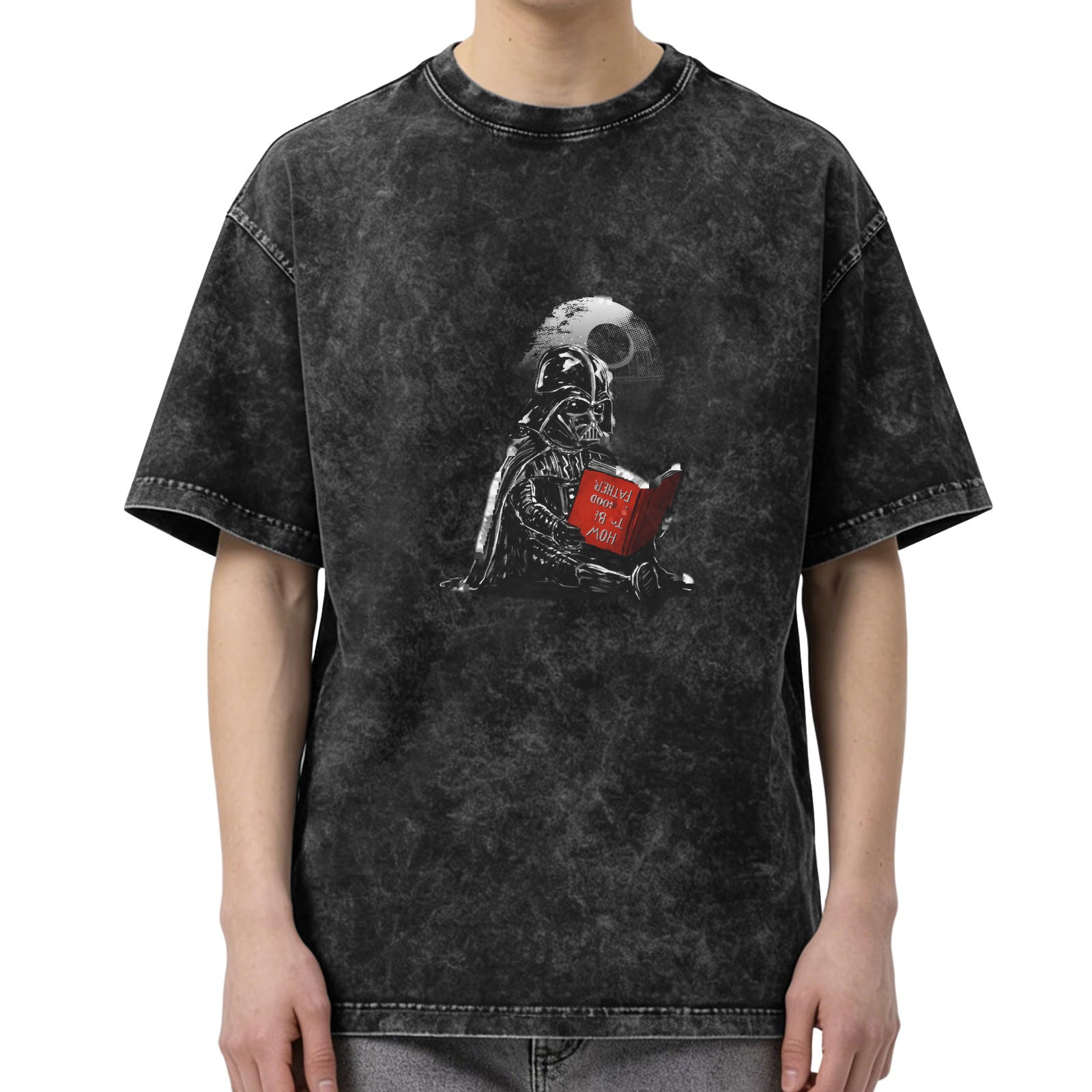 Washed black t-shirt with Darth Vader reading how to be a good father