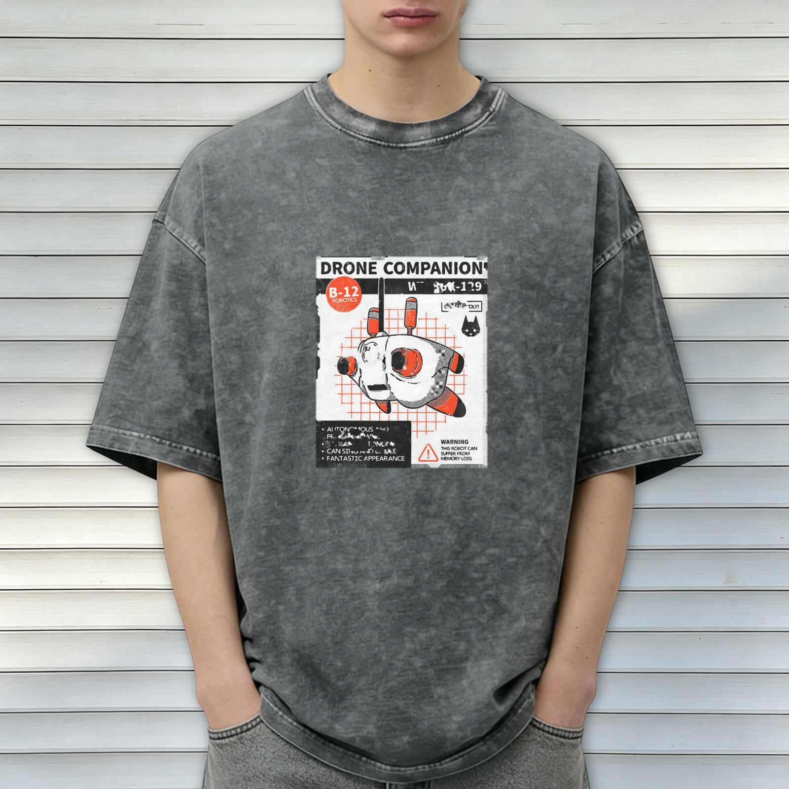 Oversized Black Stonewashed T-Shirt with Drone Companion Graphic Print