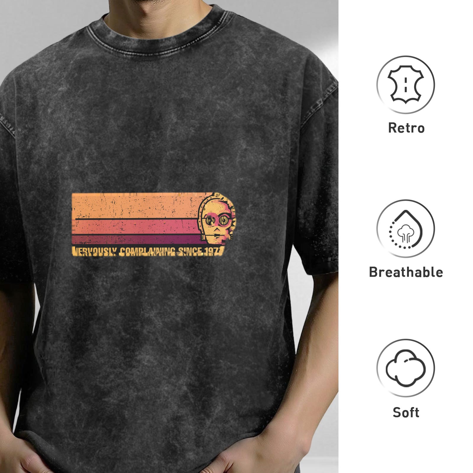 Washed Black Graphic T-Shirt with Nervously Complaining Since 1977 Print