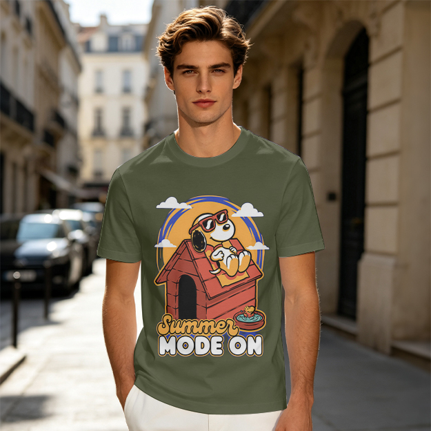 Olive t-shirt with Snoopy summer mode on graphic design