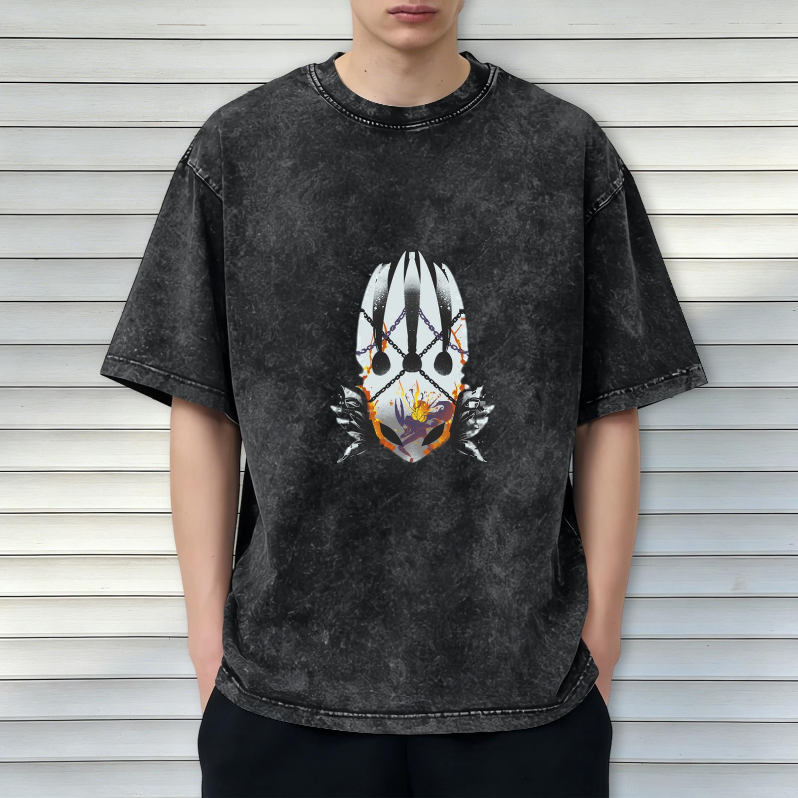 Oversized Acid Wash T-Shirt With Graphic Mask And Chains Design