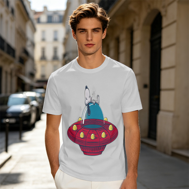 Olive T-Shirt Featuring Snoopy Relaxing in a Red UFO