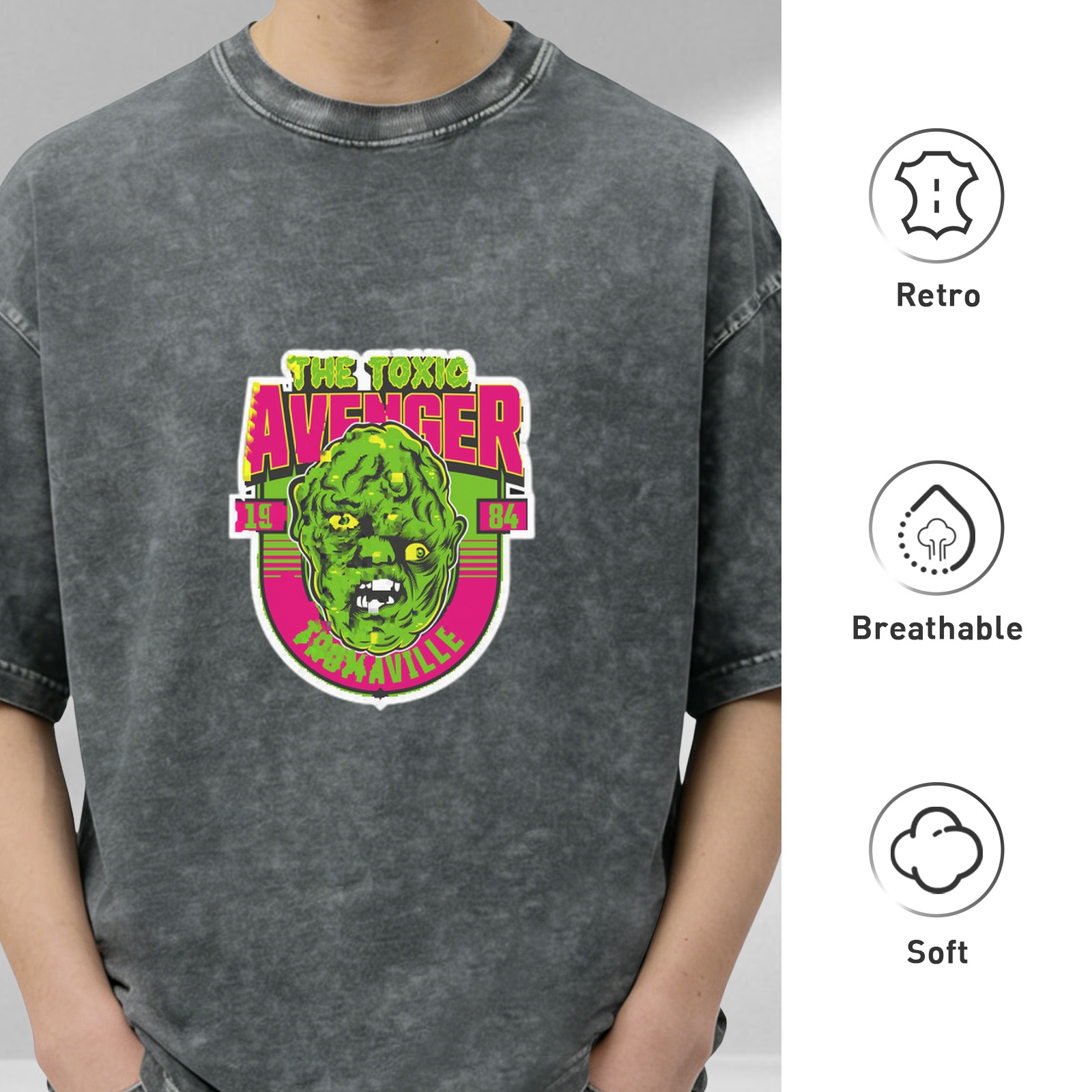 Washed Black T-Shirt with The Toxic Avenger 1984 Tromaville Print