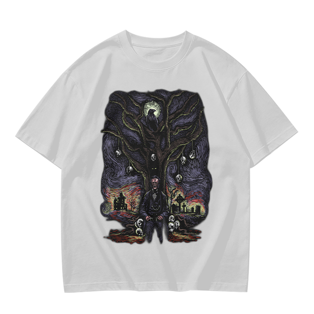 Olive t-shirt with gothic tree raven and graveyard graphic