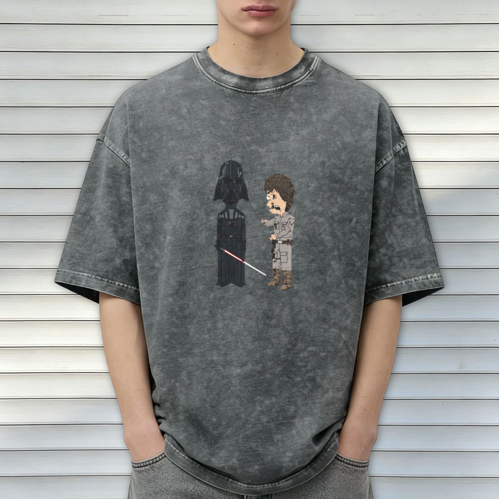Washed Black T-Shirt with Cartoon Star Wars Darth Vader and Luke Design