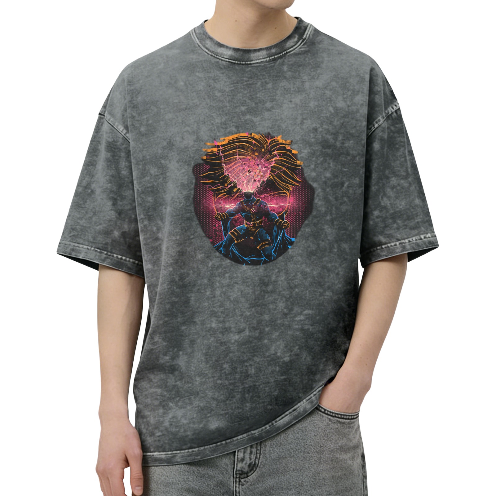 Oversized Acid Wash T-Shirt with Neon Superhero Graphic
