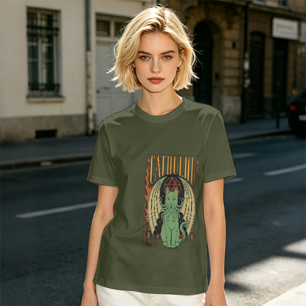 Olive T-shirt with Cthulhu Cat Graphic Print