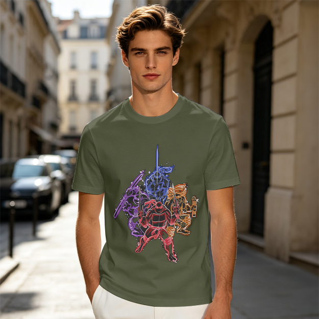 Olive T-shirt with Neon Teenage Mutant Ninja Turtles Graphic