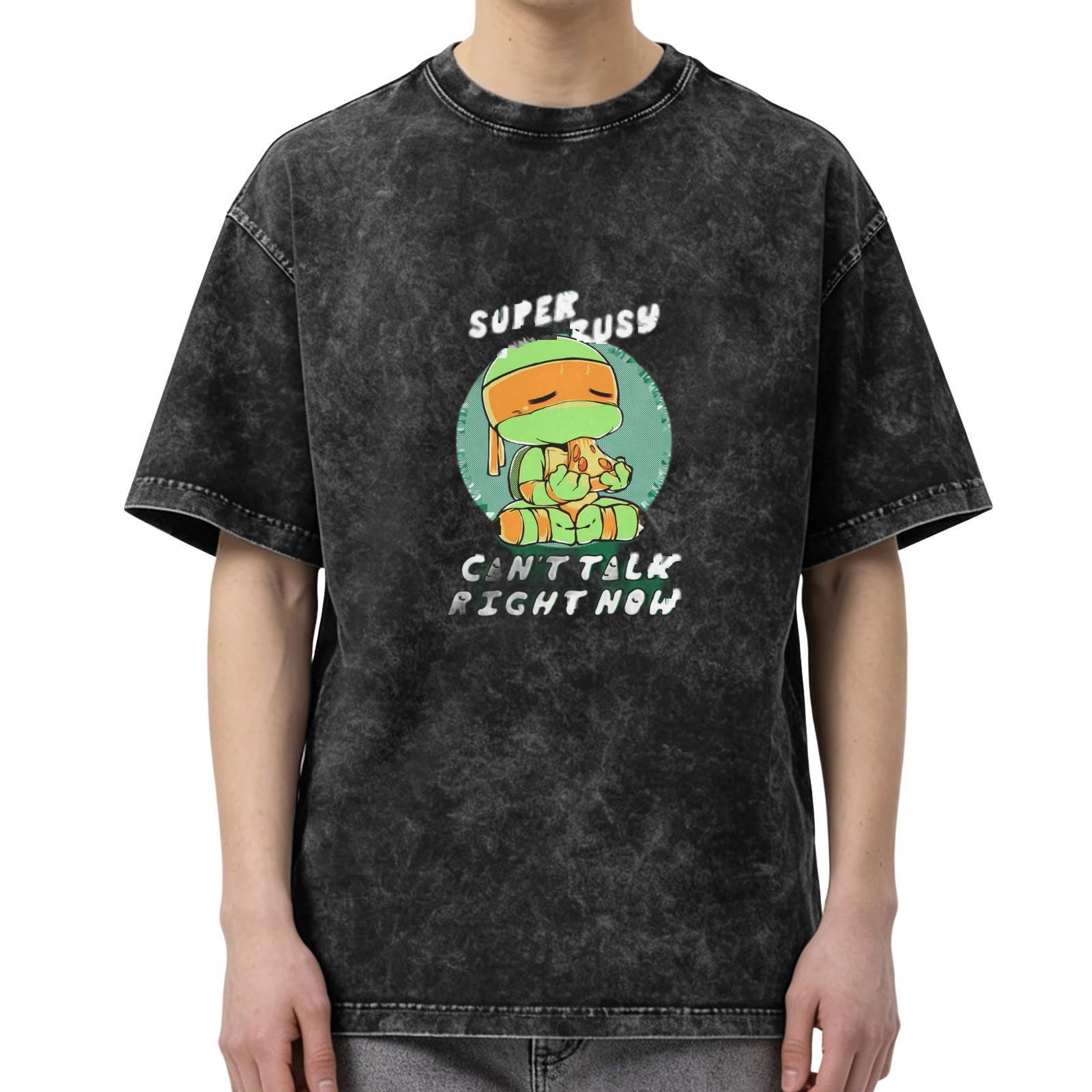 Distressed washed Teenage Mutant Ninja Turtles themed casual T-shirt Fun text printed loose short-sleeved top