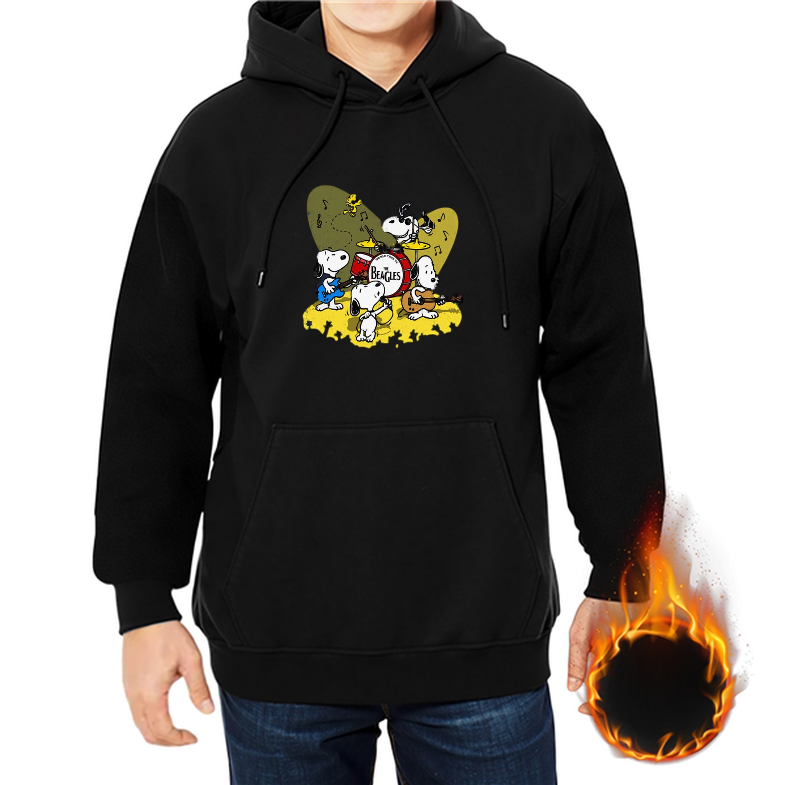 Black hoodie with Snoopy band playing music graphic