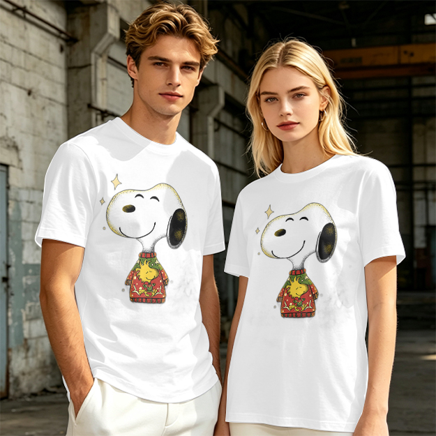 Olive T-shirt with Snoopy in Christmas Sweater Graphic