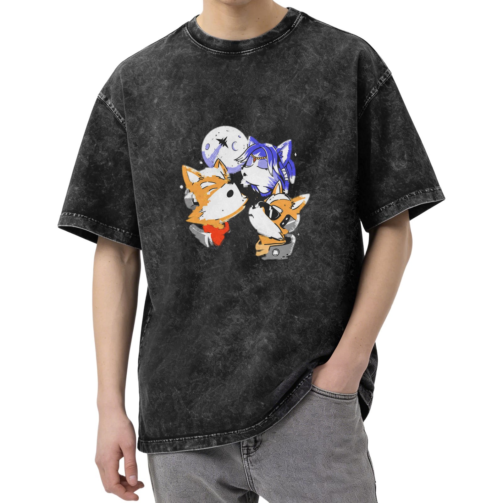 Oversized Acid Wash T-Shirt With Space Fox Cartoon Graphic Print