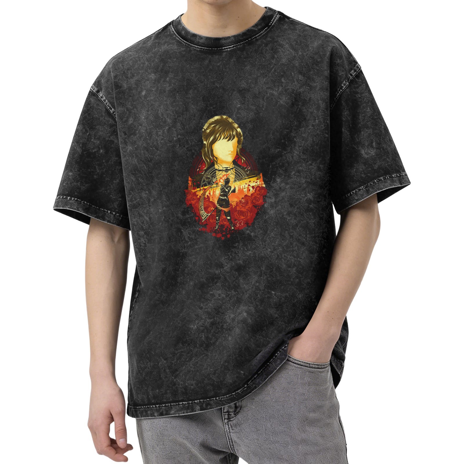 Washed Black Oversized T-Shirt With Fantasy Archer Graphic Print