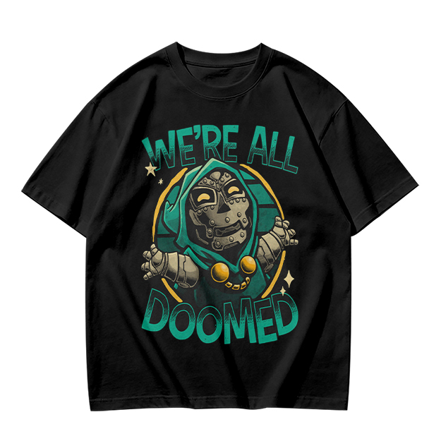 Olive T-Shirt Featuring 'We're All Doomed' Doom Character Art