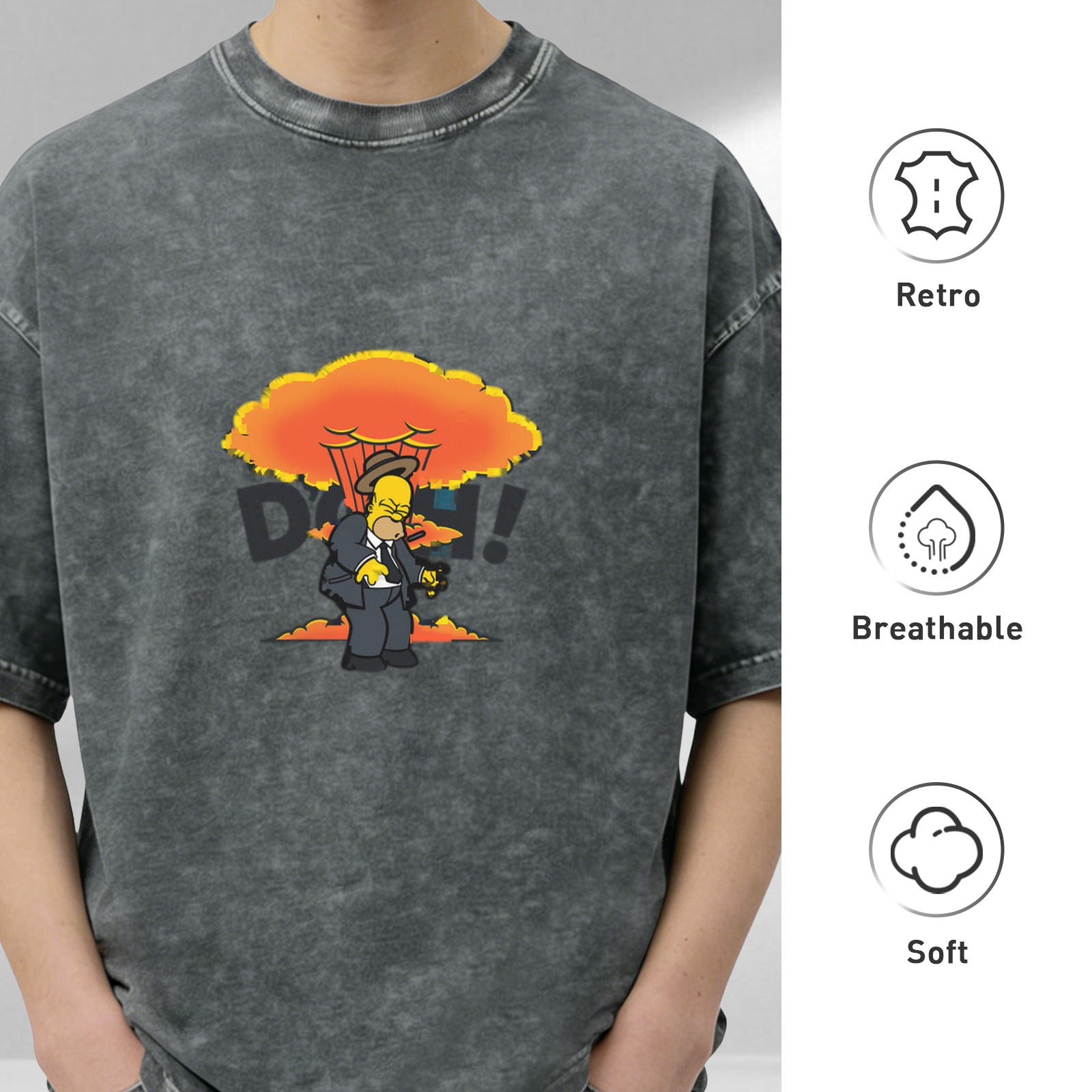Washed Black T-Shirt with Homer Simpson Nuclear Explosion Graphic