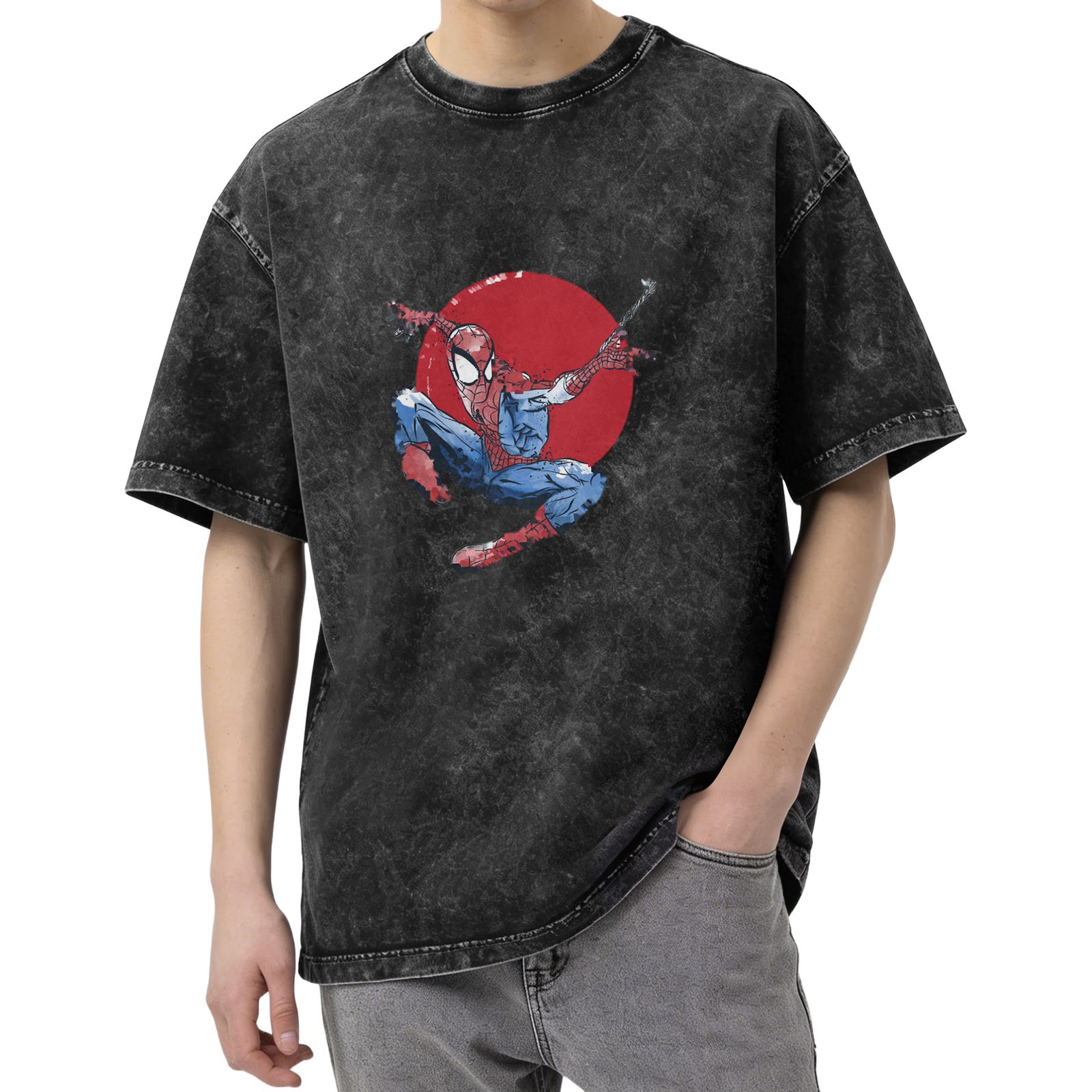 Washed Black Oversized T-Shirt with Spider-Man Red Circle Graphic