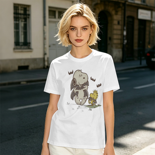 Olive T-shirt with Snoopy and Woodstock Graphic Print