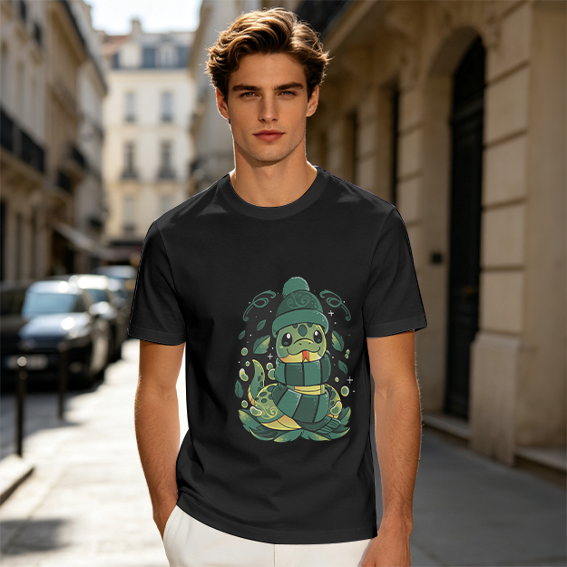 Olive Green T-Shirt With Cute Cartoon Snake Graphic