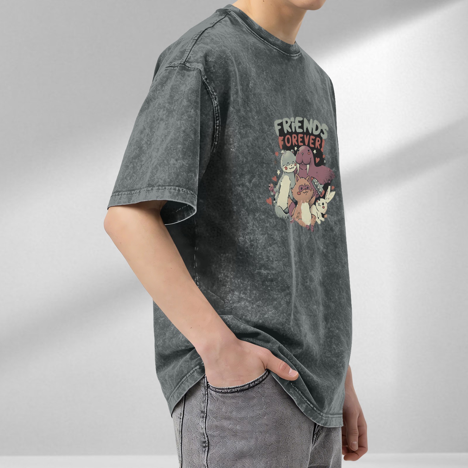 Oversized acid wash t-shirt with friends forever animal graphic print
