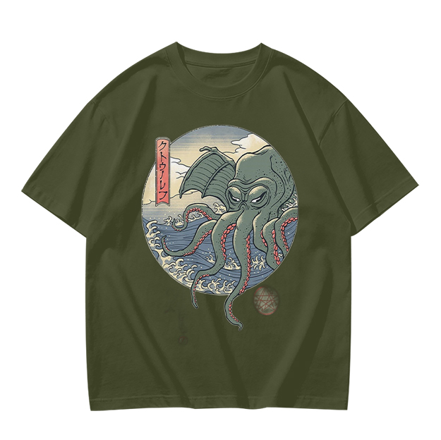 Olive T-shirt with Ukiyo-e Style Cthulhu Octopus Print