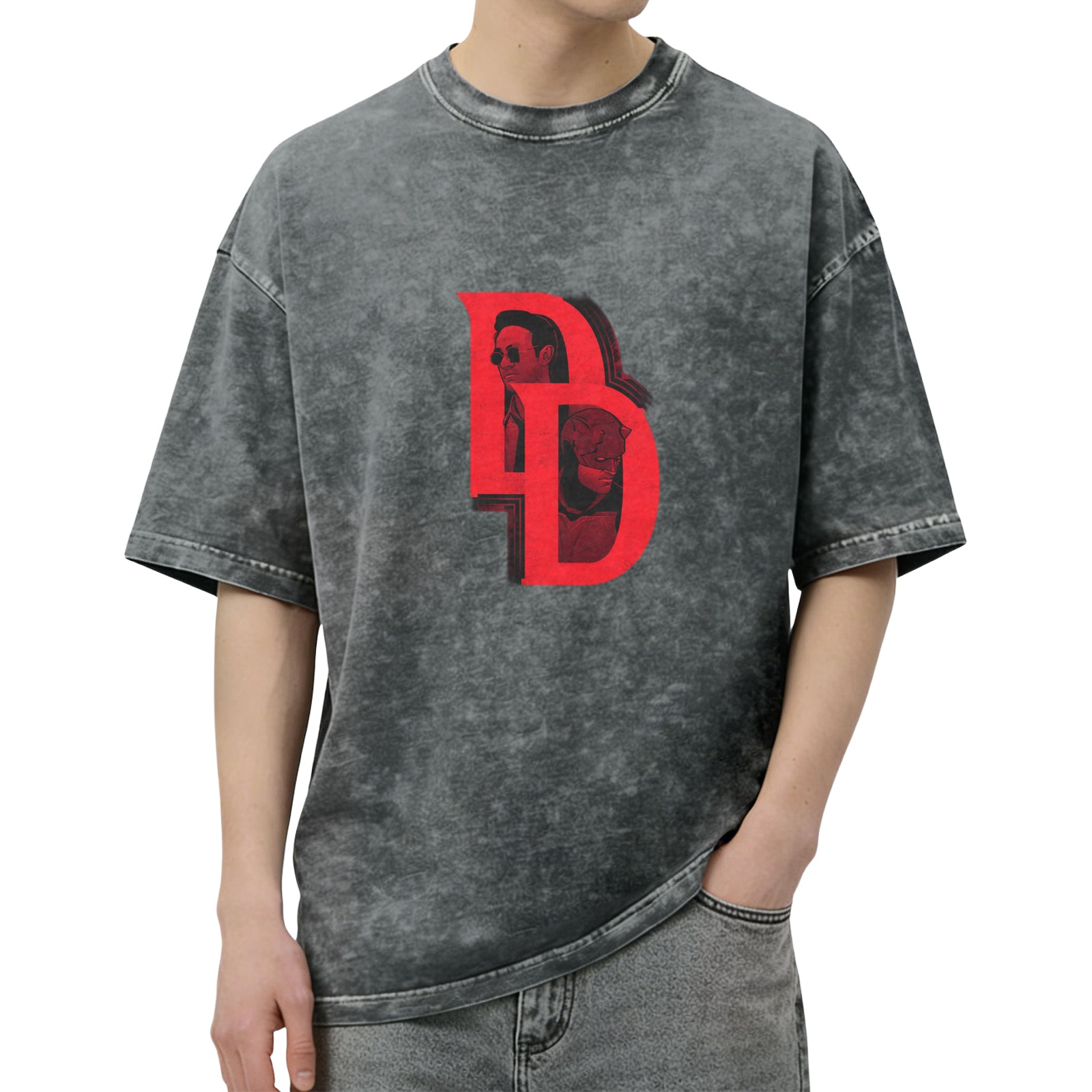 Washed Black T-Shirt with Daredevil DD Logo Graphic