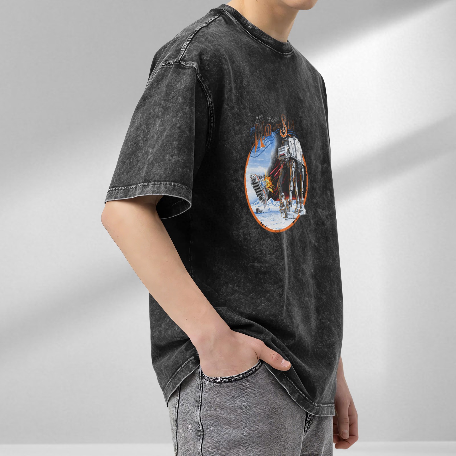 Star Wars Battle of Hoth AT-AT Snow Speeder Graphic Acid Wash Oversized T-Shirt