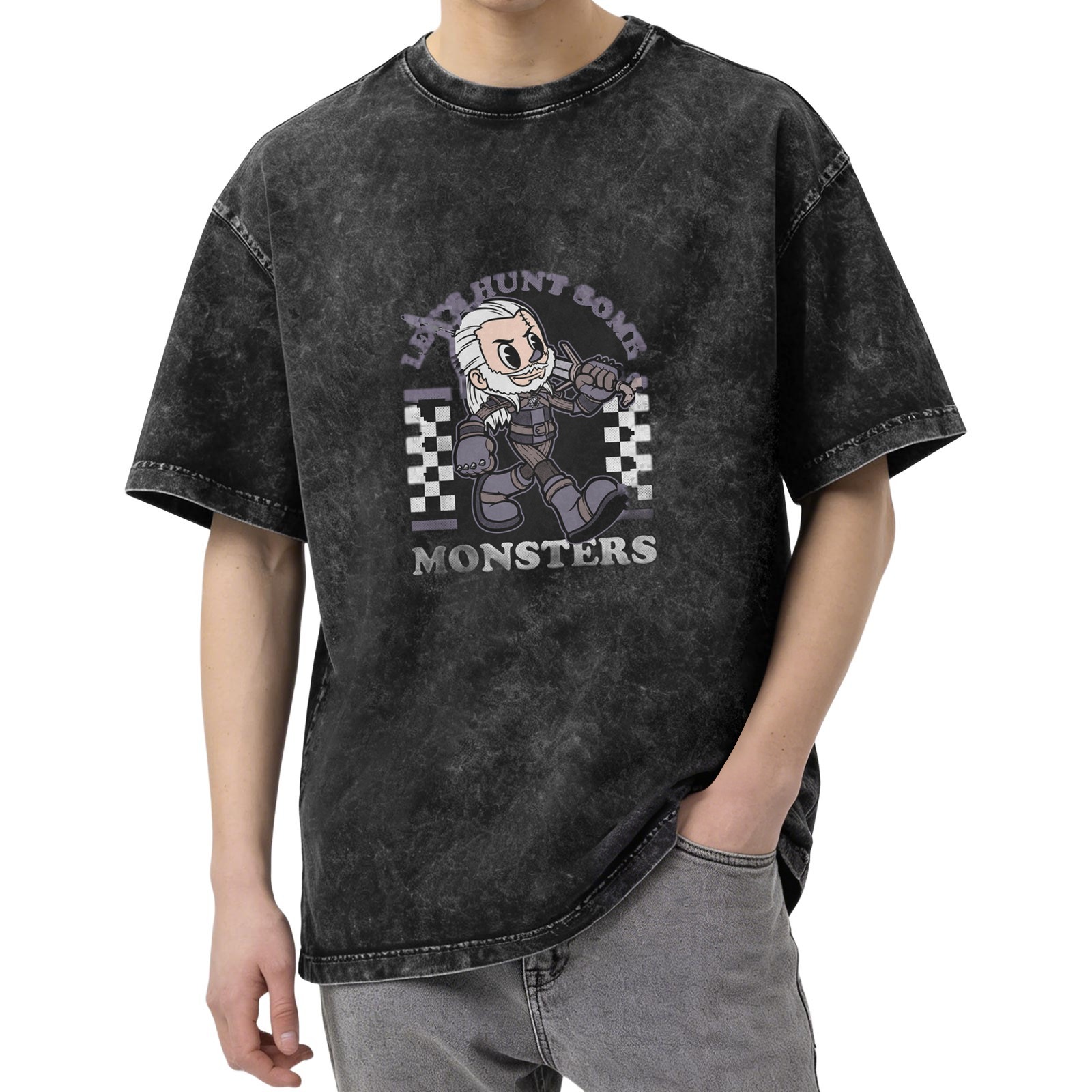 Witcher monster hunt cartoon graphic acid wash t-shirt