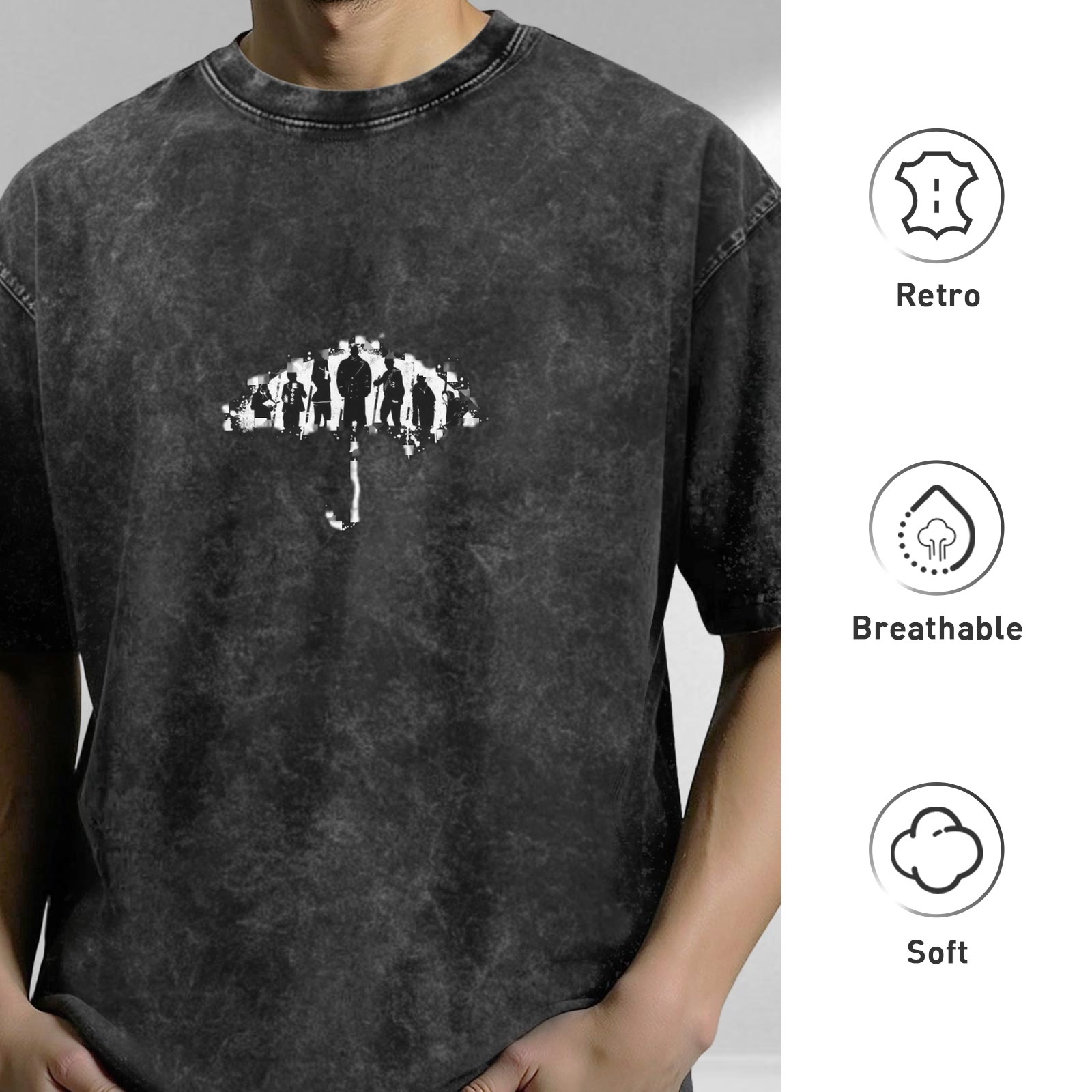 Distressed black umbrella silhouette printed short-sleeved T-shirt