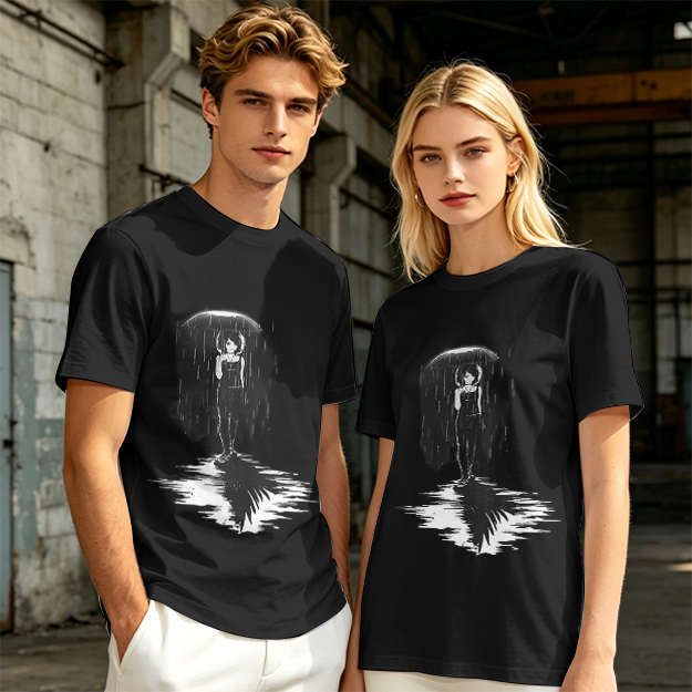 Olive T-Shirt With Rainy Figure And Shadow Graphic Print