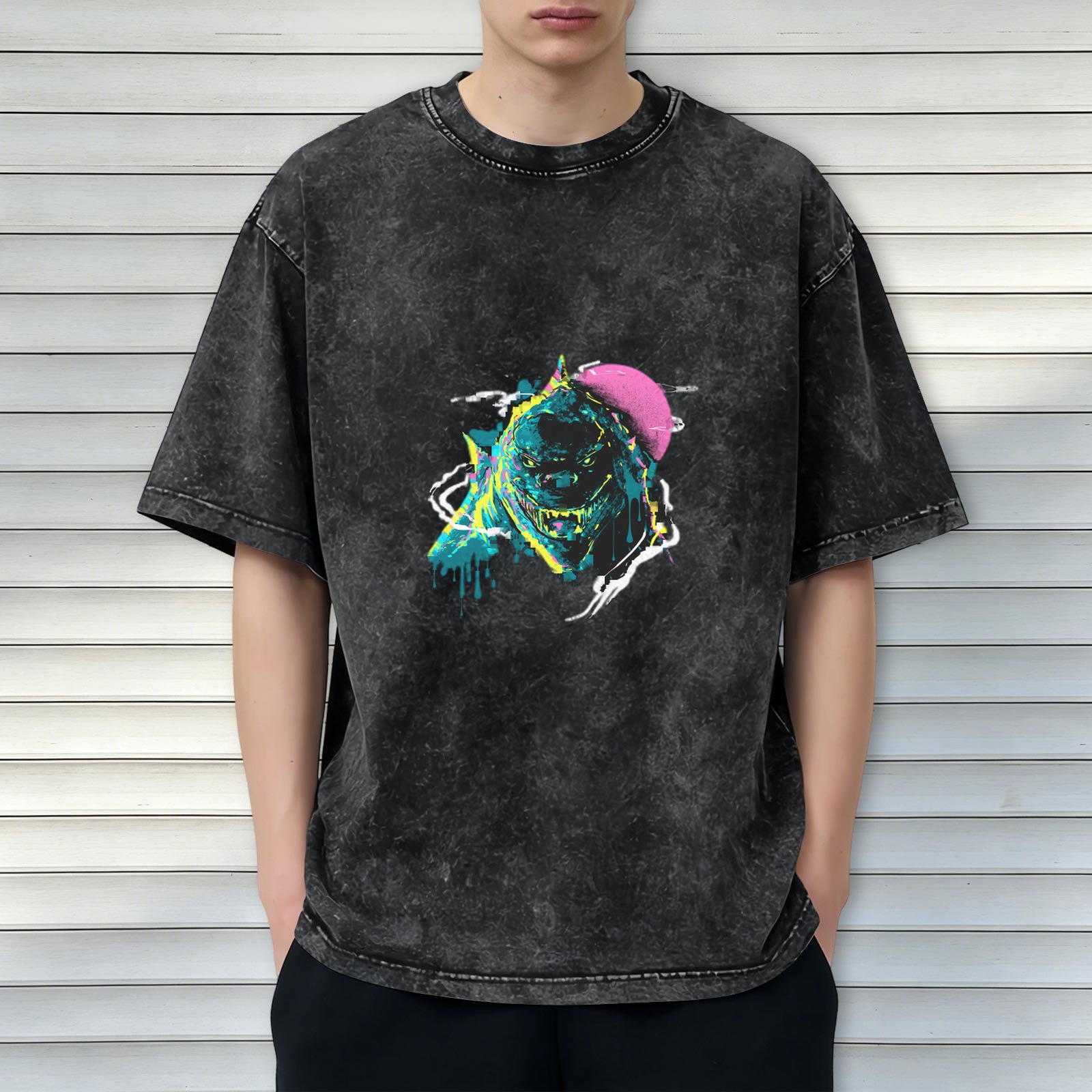 Oversized Acid Wash T-Shirt With Neon Monster Graphic Print