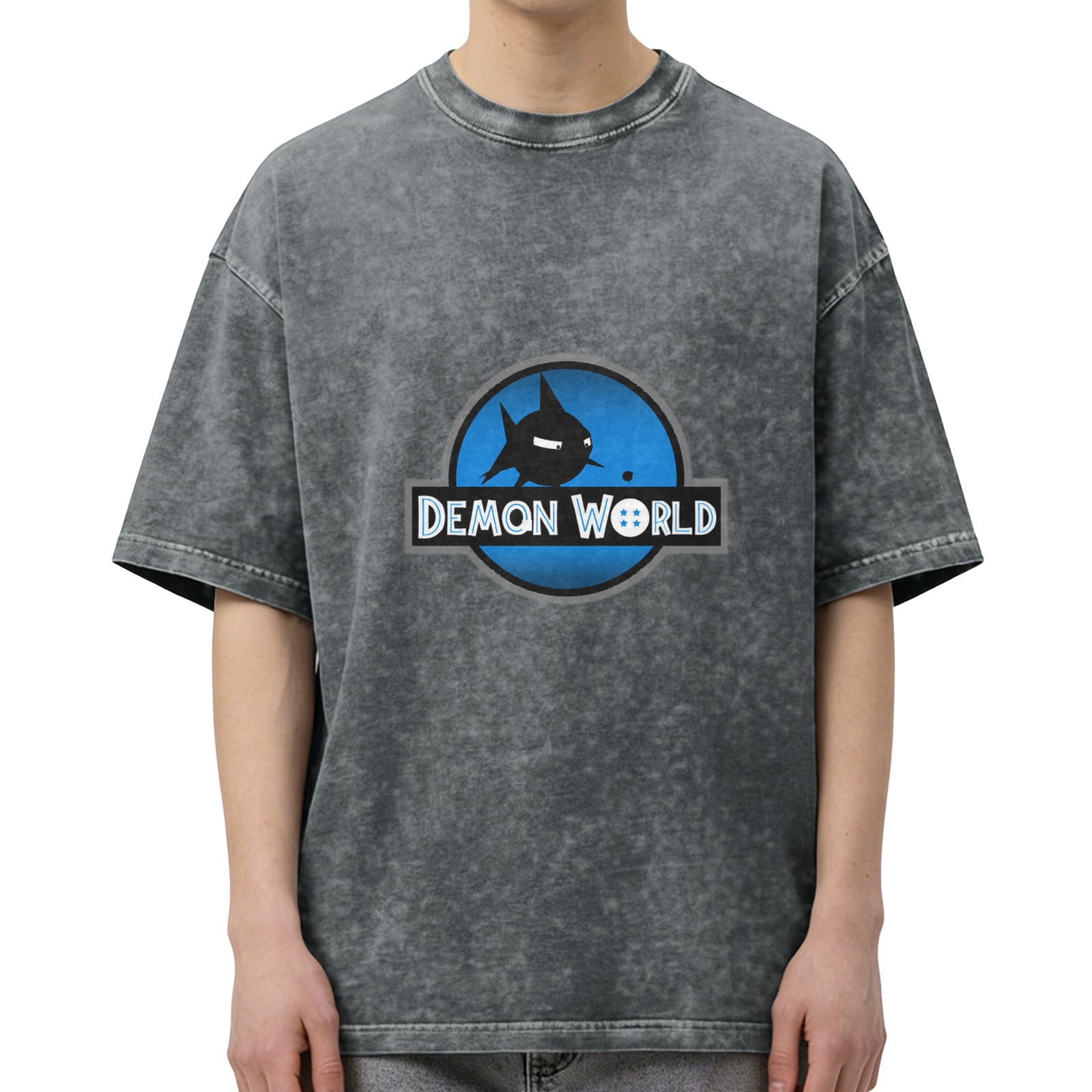 Oversized Acid Wash T-Shirt with Demon World Graphic Print