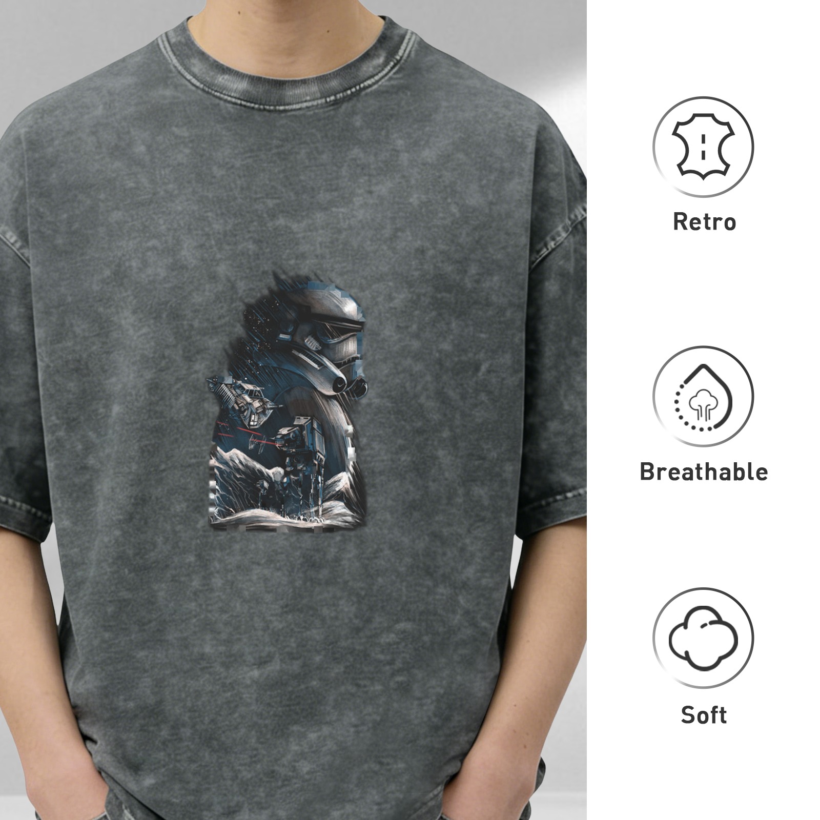 Washed Black Graphic T-Shirt with Sci-Fi Trooper Battle Art