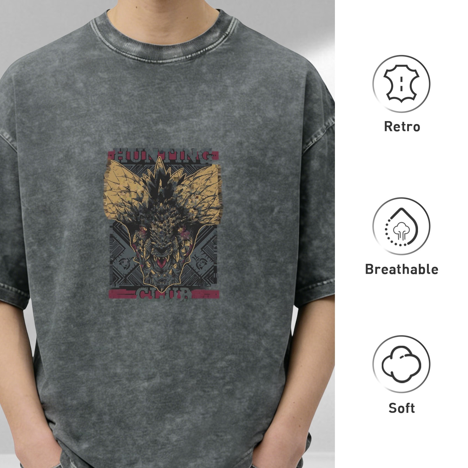 Oversized Stonewashed T-Shirt With Monster Hunting Club Graphic Print